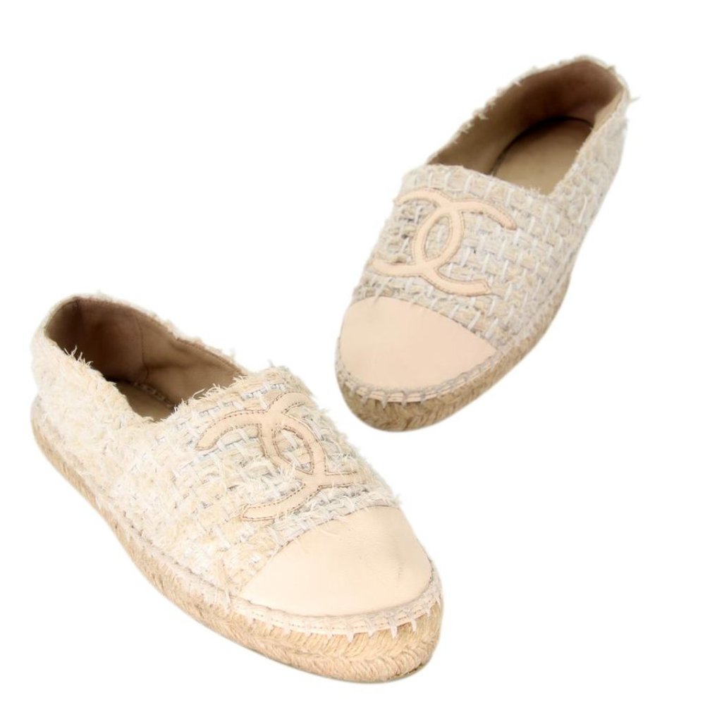 Chanel Espadrille 38 Tweed Patent Leather Cap Toe Flats CC-S0207P-C041